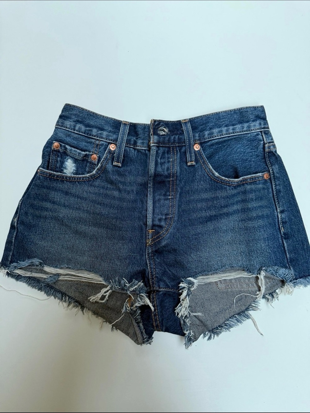 High-Rise Raw Hem Dark Blue Denim Shorts - Picture 1 of 3